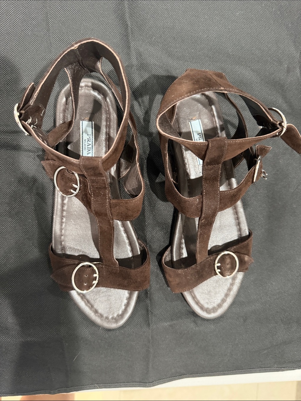 Prada Dark Brown Suede Strappy Buckle Sandals